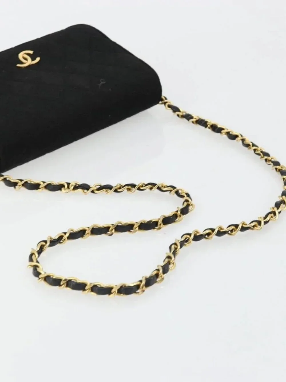 CHANEL Matelasse Chain Shoulder Bag Cotton Black Gold CC Auth 185197